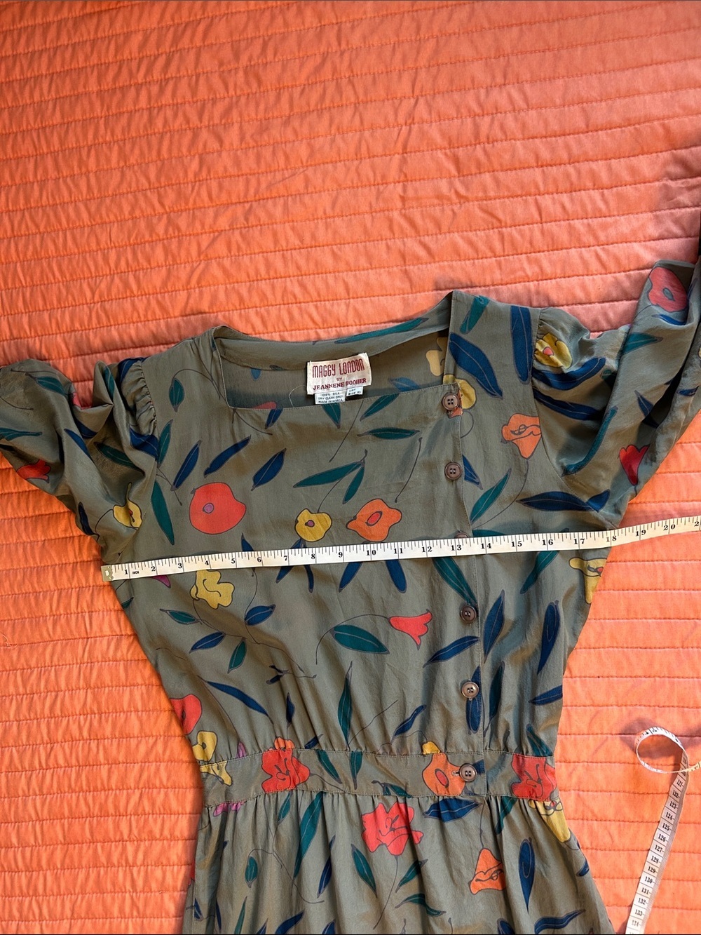 Vintage 1980s Maggy London 100% silk dress fall Floral Print Green size 10 - Picture 12 of 16